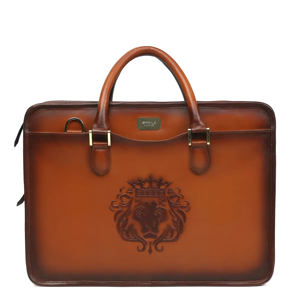 Tan Leather Embossed Lion Laptop Briefcase with Two Slots & Organizer Compartment by Brune & Bareskin