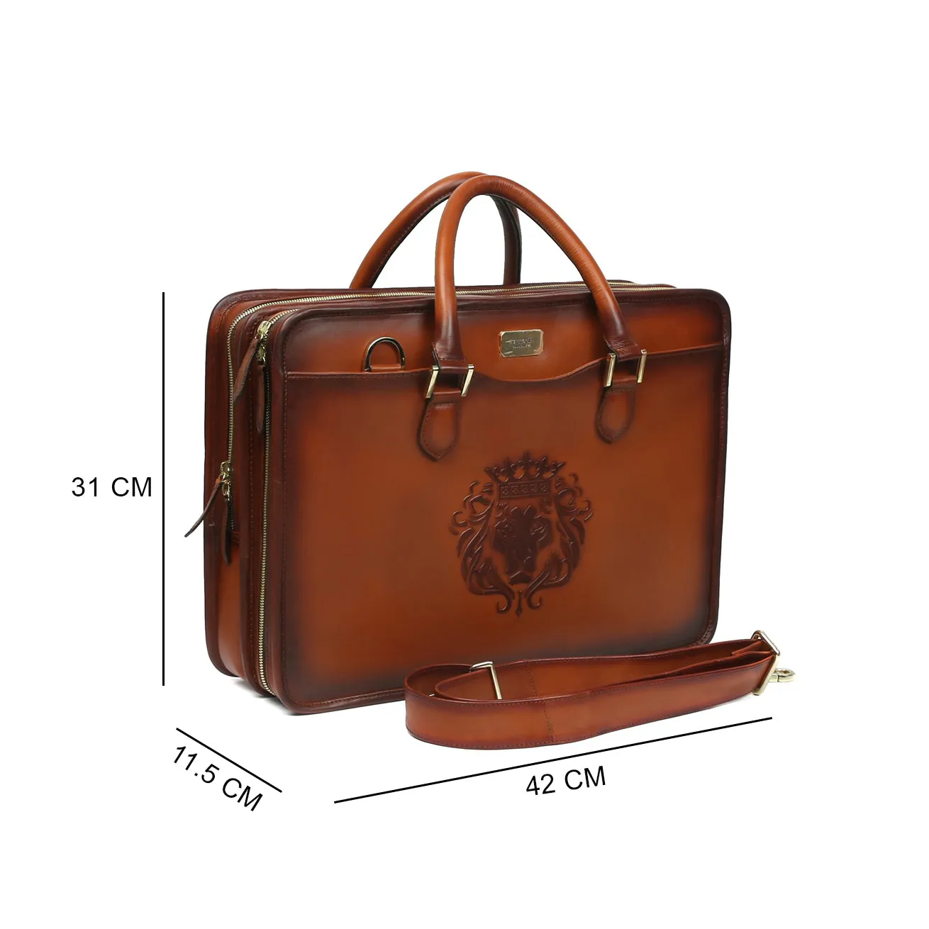 Tan Leather Embossed Lion Laptop Briefcase with Two Slots & Organizer Compartment by Brune & Bareskin