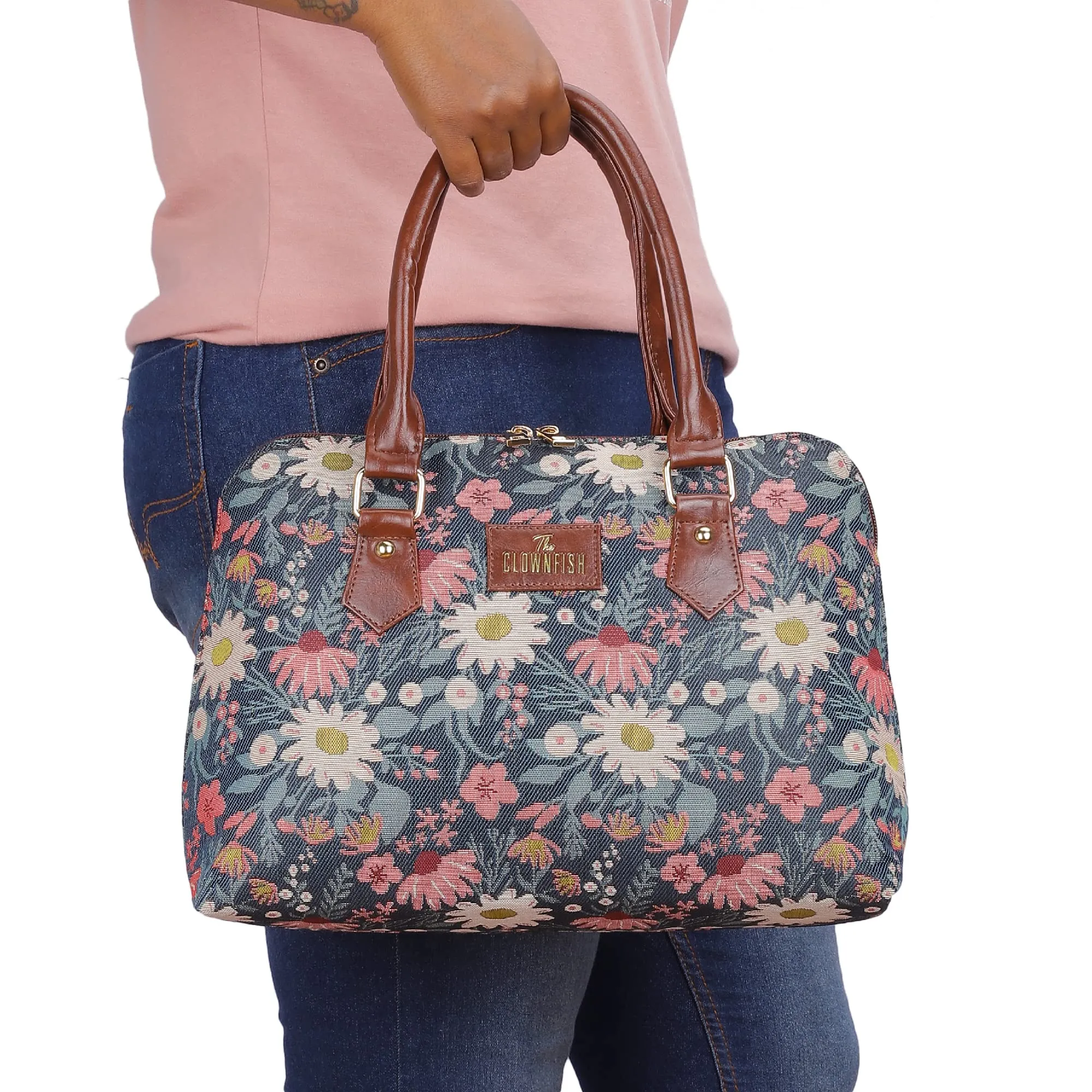 THE CLOWNFISH Montana Series Handbag for Women Office Bag Ladies Purse Shoulder Bag Tote For Women College Girls (Purple-Floral)