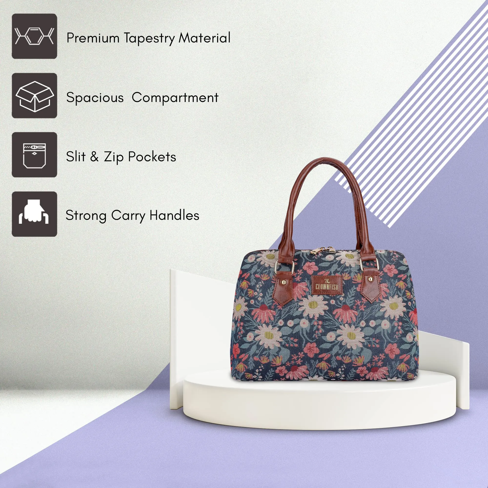 THE CLOWNFISH Montana Series Handbag for Women Office Bag Ladies Purse Shoulder Bag Tote For Women College Girls (Purple-Floral)