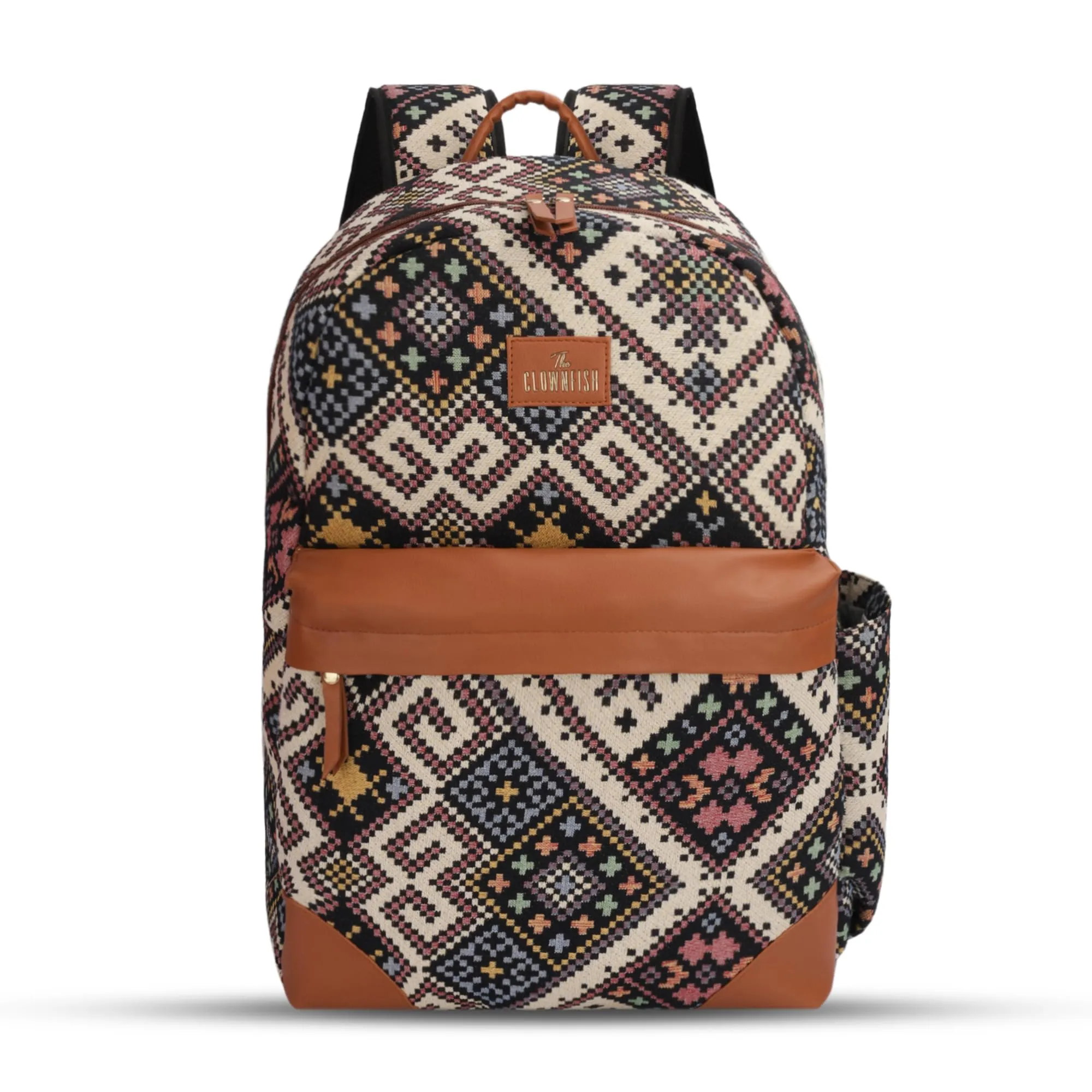 THE CLOWNFISH Wanderlust Collection Tapestry Fabric & Vegan Leather 15.6 inch Womens Laptop Backpack with Trolley Strap Travel Backpack for Women Office College Going Girls (Black Multicolor)