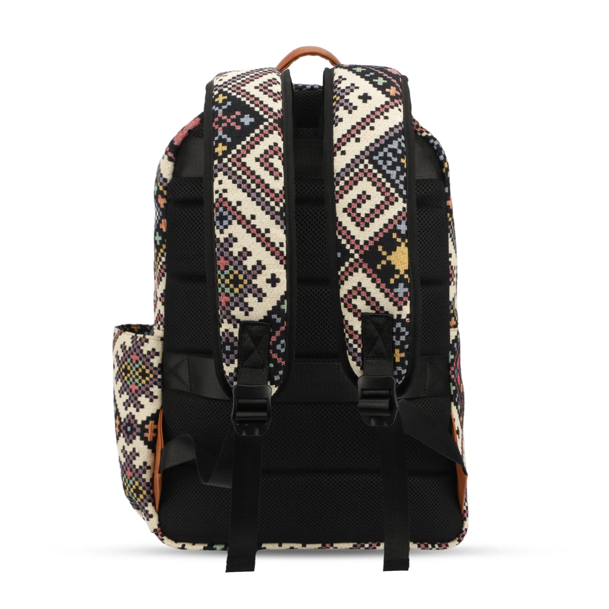 THE CLOWNFISH Wanderlust Collection Tapestry Fabric & Vegan Leather 15.6 inch Womens Laptop Backpack with Trolley Strap Travel Backpack for Women Office College Going Girls (Black Multicolor)