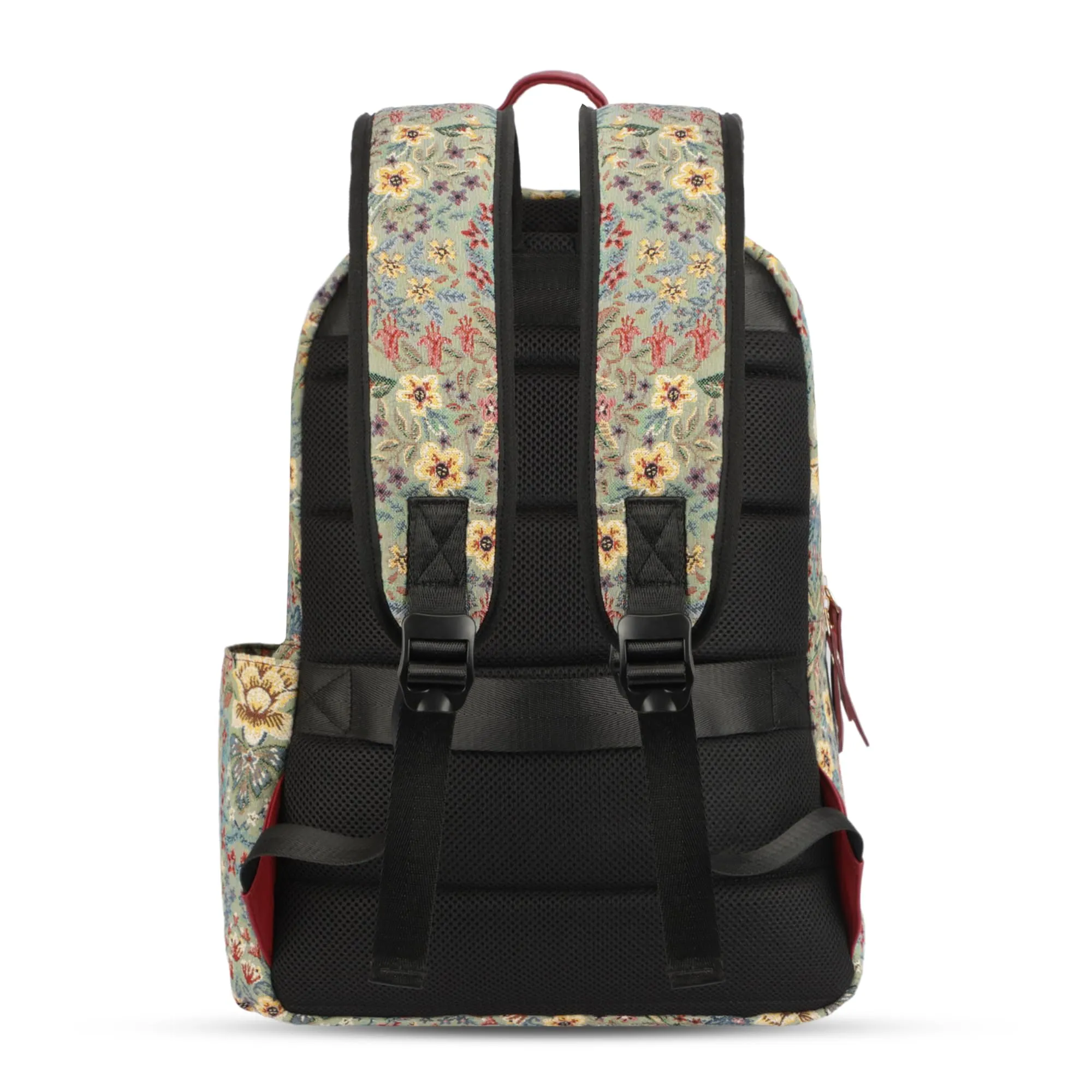 THE CLOWNFISH Wanderlust Collection Tapestry Fabric & Vegan Leather 15.6 inch Womens Laptop Backpack with Trolley Strap Travel Backpack for Women Office College Going Girls (Green Multicolor)