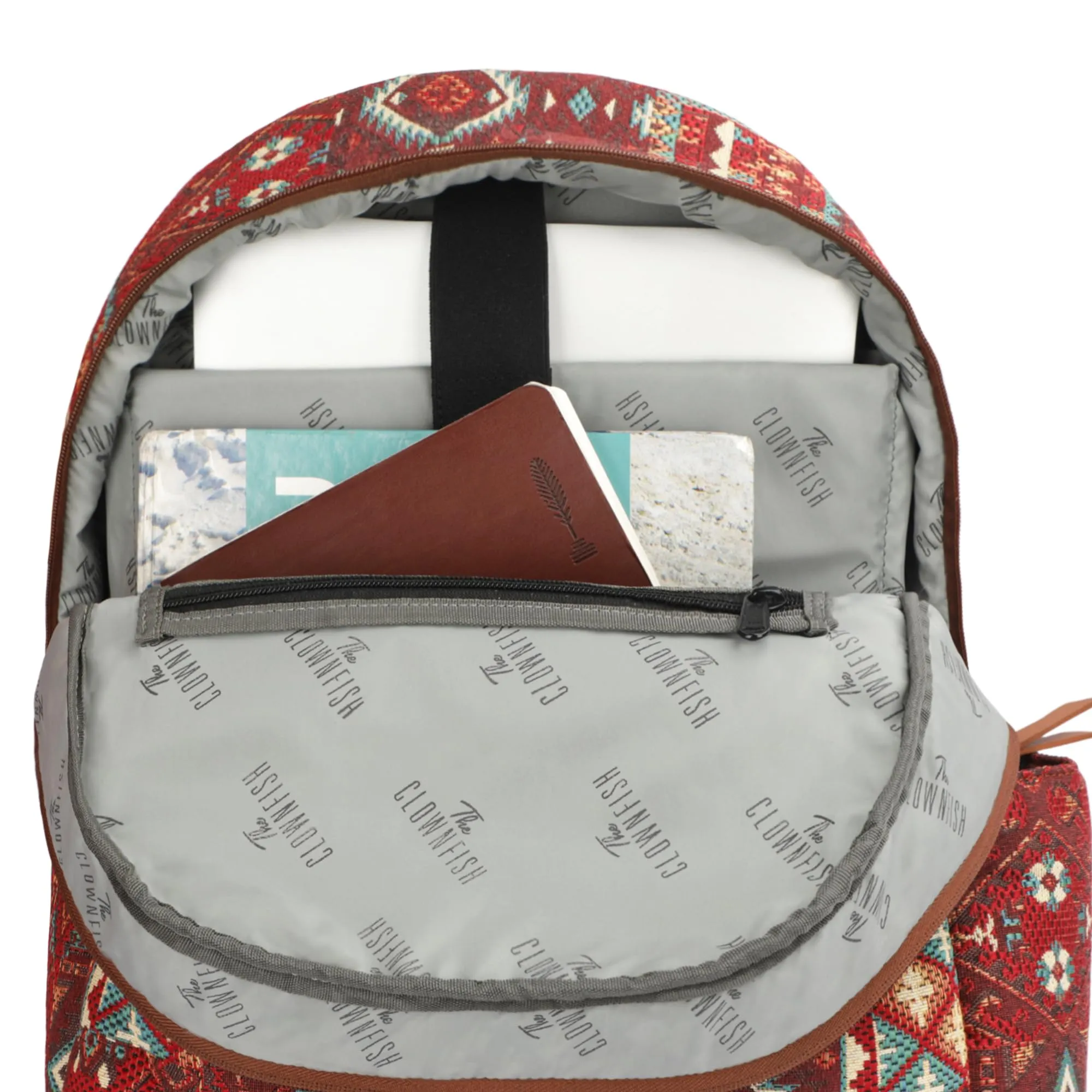 THE CLOWNFISH Wanderlust Collection Tapestry Fabric & Vegan Leather 15.6 inch Womens Laptop Backpack with Trolley Strap Travel Backpack for Women Office College Going Girls (Red Multicolor)