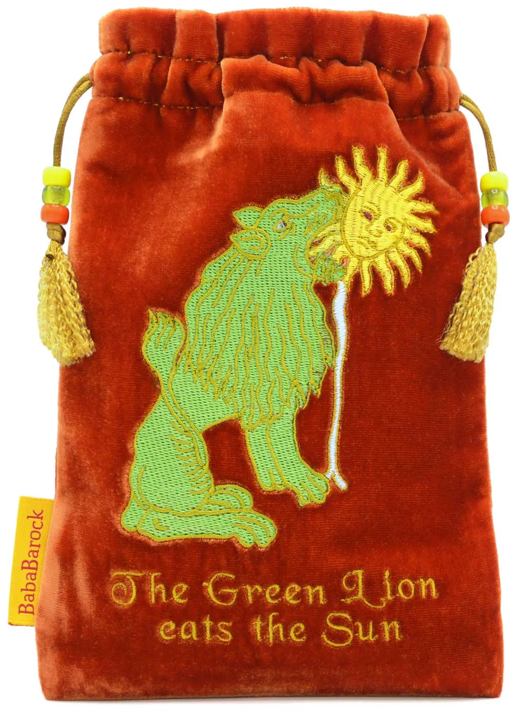 The Lion eating the Sun. Embroidered alchemical drawstring bag in orange silk velvet.