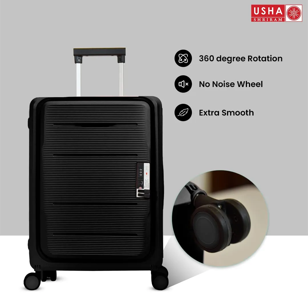 USHA SHRIRAM Cabin Bag (20 Inch - 55Cm) Collapsible Luggage Bag Polypropylene Shell Black Suitcase For Travel 360 Degree Spinner Wheel & Lock Foldable Trolley Bag For Travel