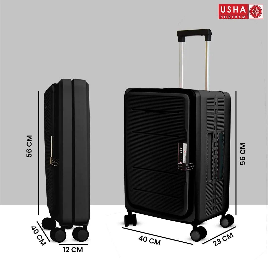 USHA SHRIRAM Cabin Bag (20 Inch - 55Cm) Collapsible Luggage Bag Polypropylene Shell Black Suitcase For Travel 360 Degree Spinner Wheel & Lock Foldable Trolley Bag For Travel