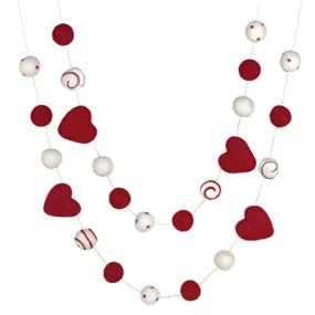 Valentine's Day Felt Ball & Heart Garland- Red, White- Dots & Swirls