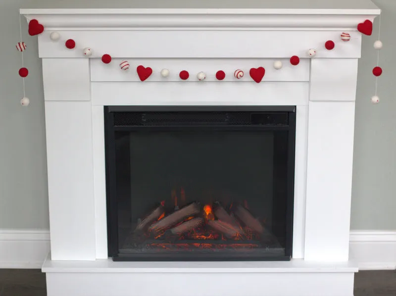 Valentine's Day Felt Ball & Heart Garland- Red, White- Dots & Swirls