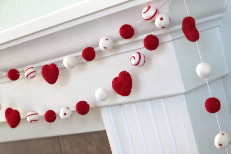 Valentine's Day Felt Ball & Heart Garland- Red, White- Dots & Swirls