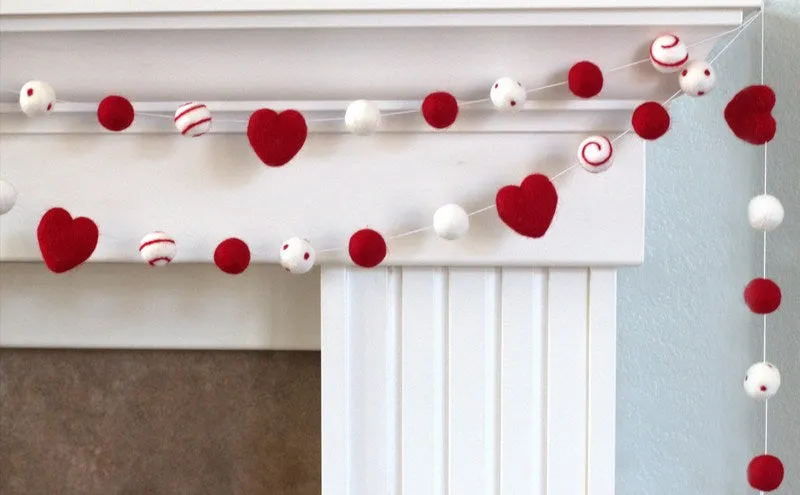 Valentine's Day Felt Ball & Heart Garland- Red, White- Dots & Swirls