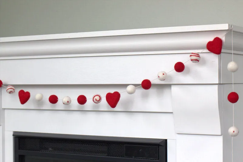 Valentine's Day Felt Ball & Heart Garland- Red, White- Dots & Swirls