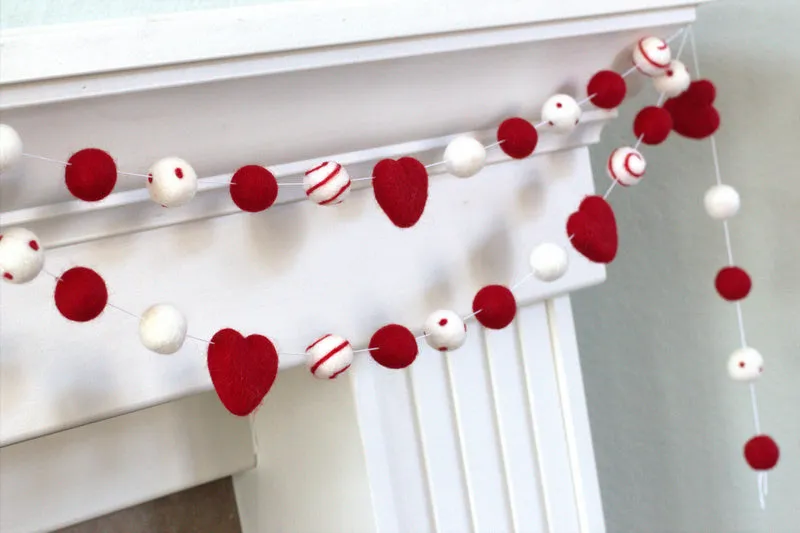 Valentine's Day Felt Ball & Heart Garland- Red, White- Dots & Swirls