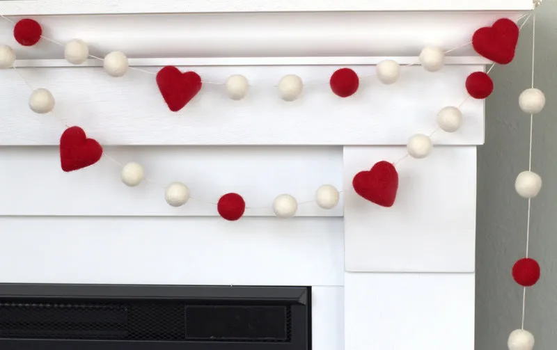 Valentine's Day Felt Ball & Heart Garland- Red, White