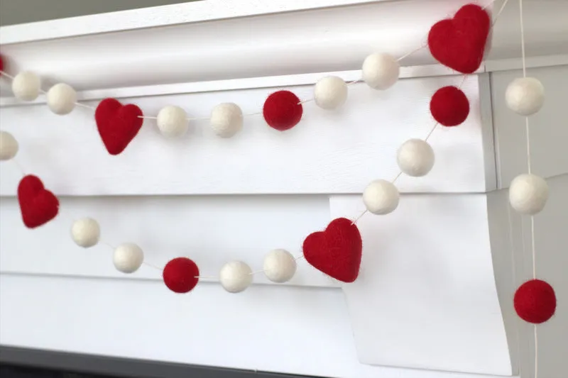 Valentine's Day Felt Ball & Heart Garland- Red, White