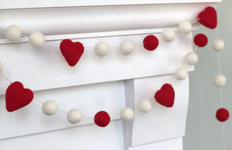 Valentine's Day Felt Ball & Heart Garland- Red, White