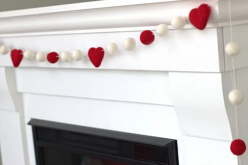 Valentine's Day Felt Ball & Heart Garland- Red, White