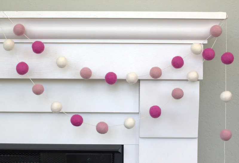 Valentine's Day Felt Ball Garland- Baby Pink, Rose, White