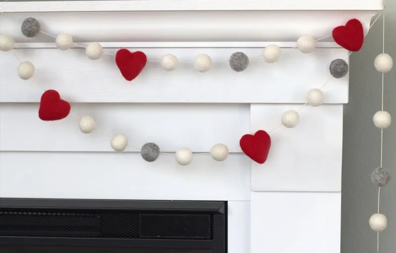 Valentine's Day Felt Garland- Gray, White with Red Hearts