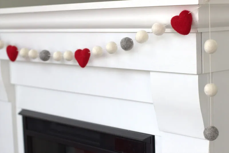 Valentine's Day Felt Garland- Gray, White with Red Hearts