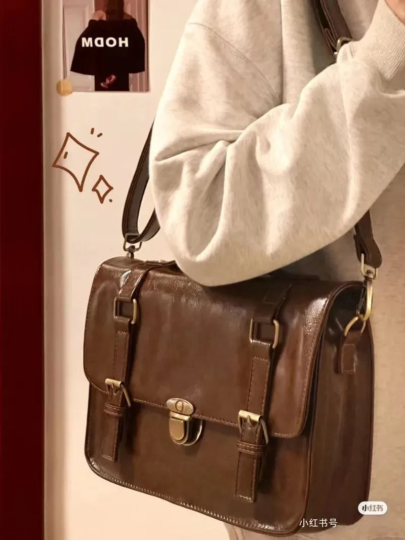 Vintage Hasp Messenger Bag Japanese Jk Uniform Student High School Bag Fashion Office Lady Commuter Briefcase Crossbody Bag