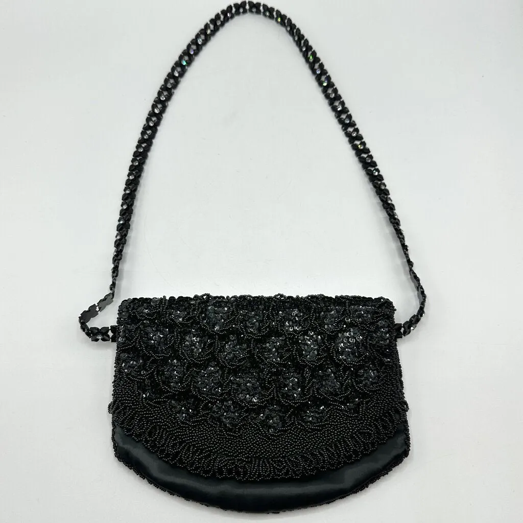 Vintage Richere By Walborg Beaded Black Satin Fold Over Evening Bag/Purse /cb