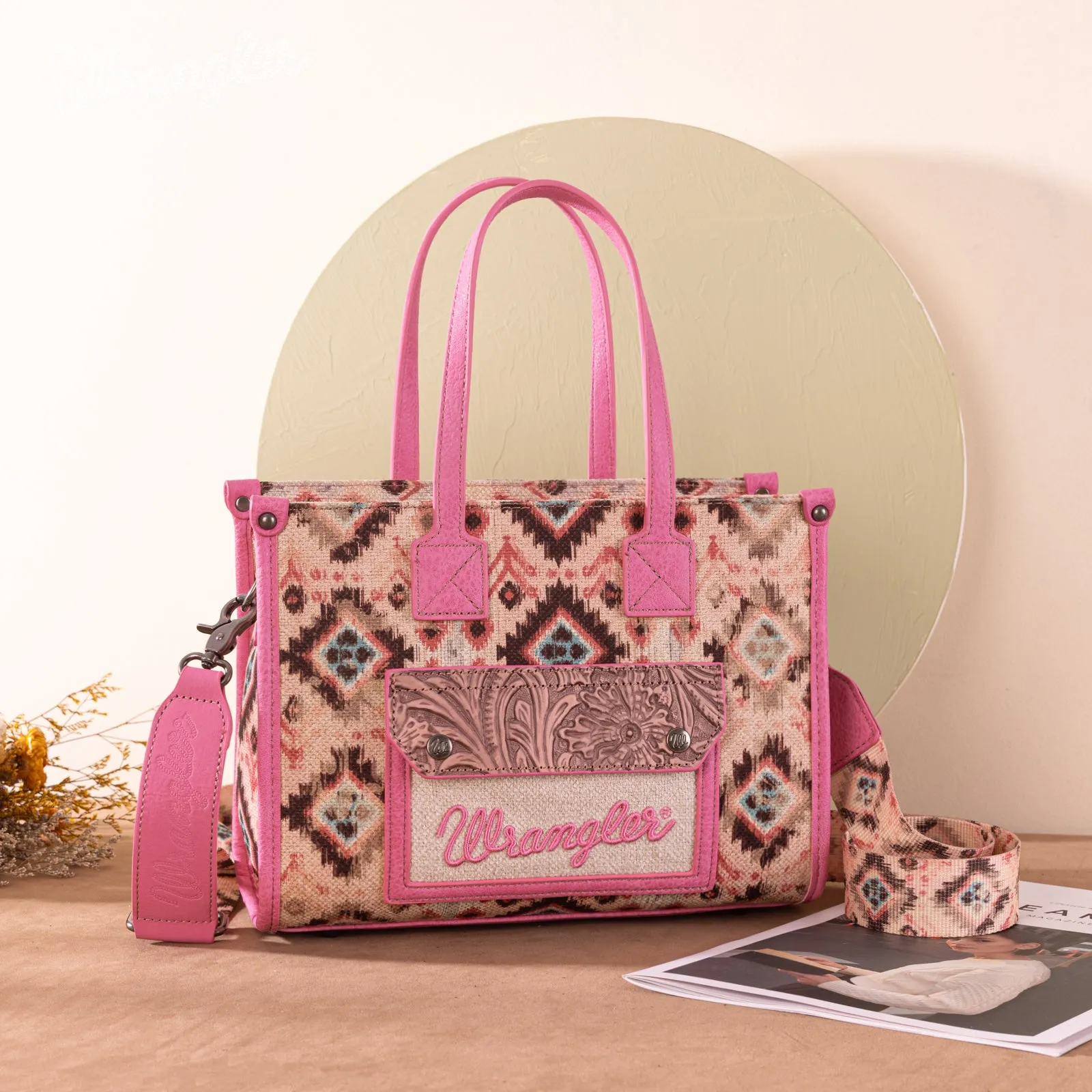 WG130-8120S   Wrangler Southwestern Pattern Dual Sided Print Concealed Carry Tote//Crossbody - Pink