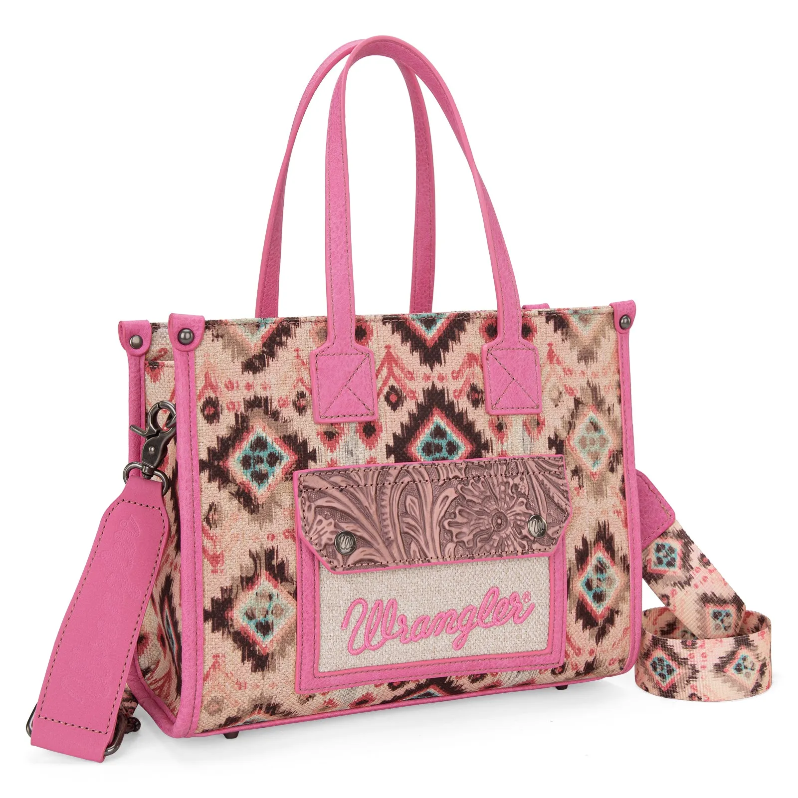 WG130-8120S   Wrangler Southwestern Pattern Dual Sided Print Concealed Carry Tote//Crossbody - Pink