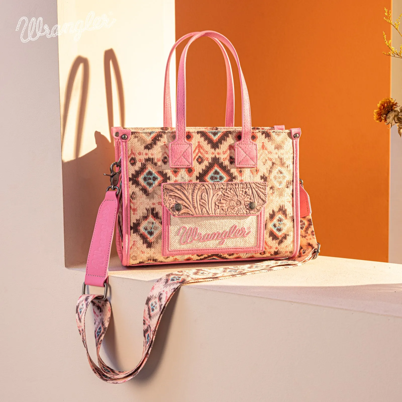 WG130-8120S   Wrangler Southwestern Pattern Dual Sided Print Concealed Carry Tote//Crossbody - Pink