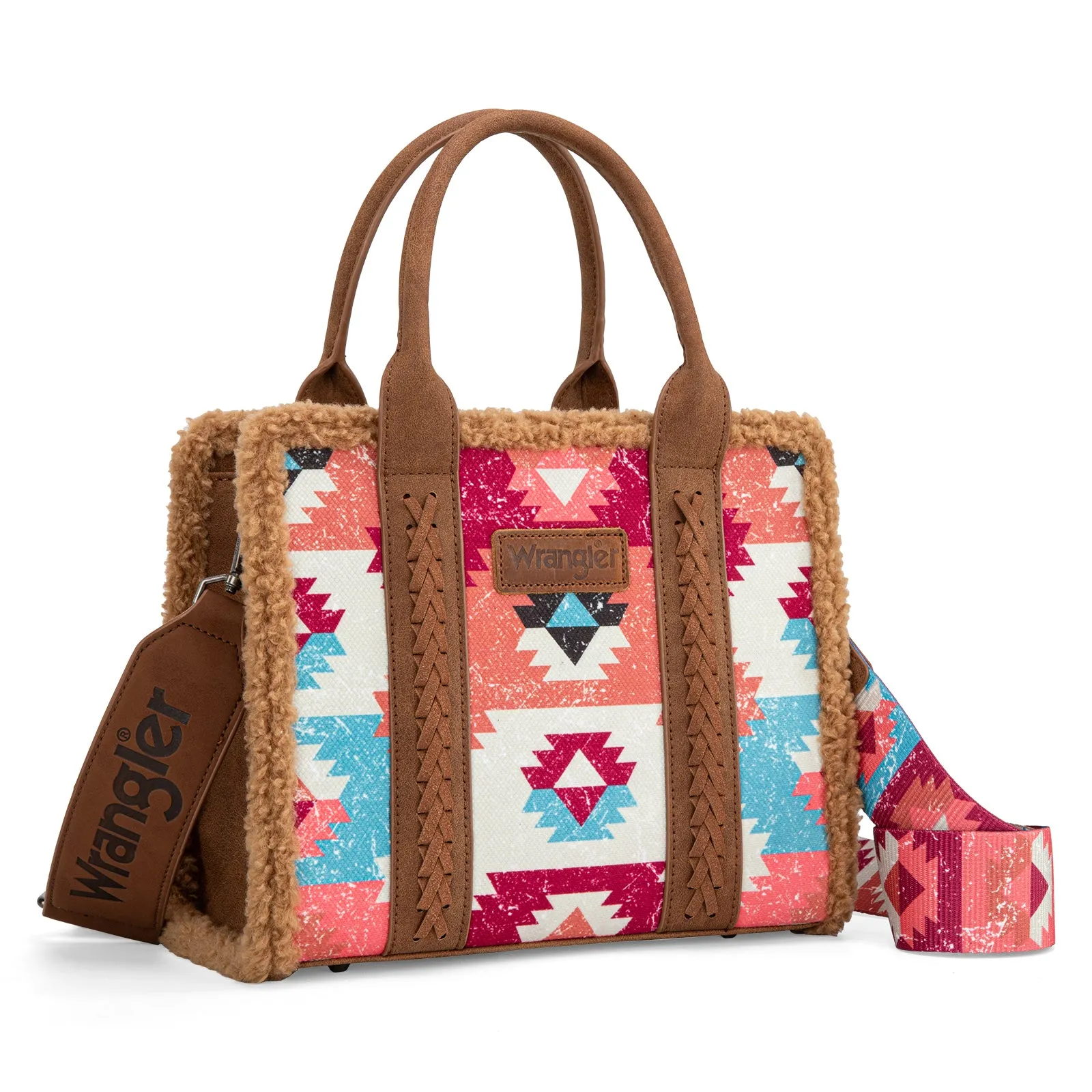 WG166-8120S  Wrangler Sherpa Southwestern Print Small Canvas Tote/Crossbody - Brown