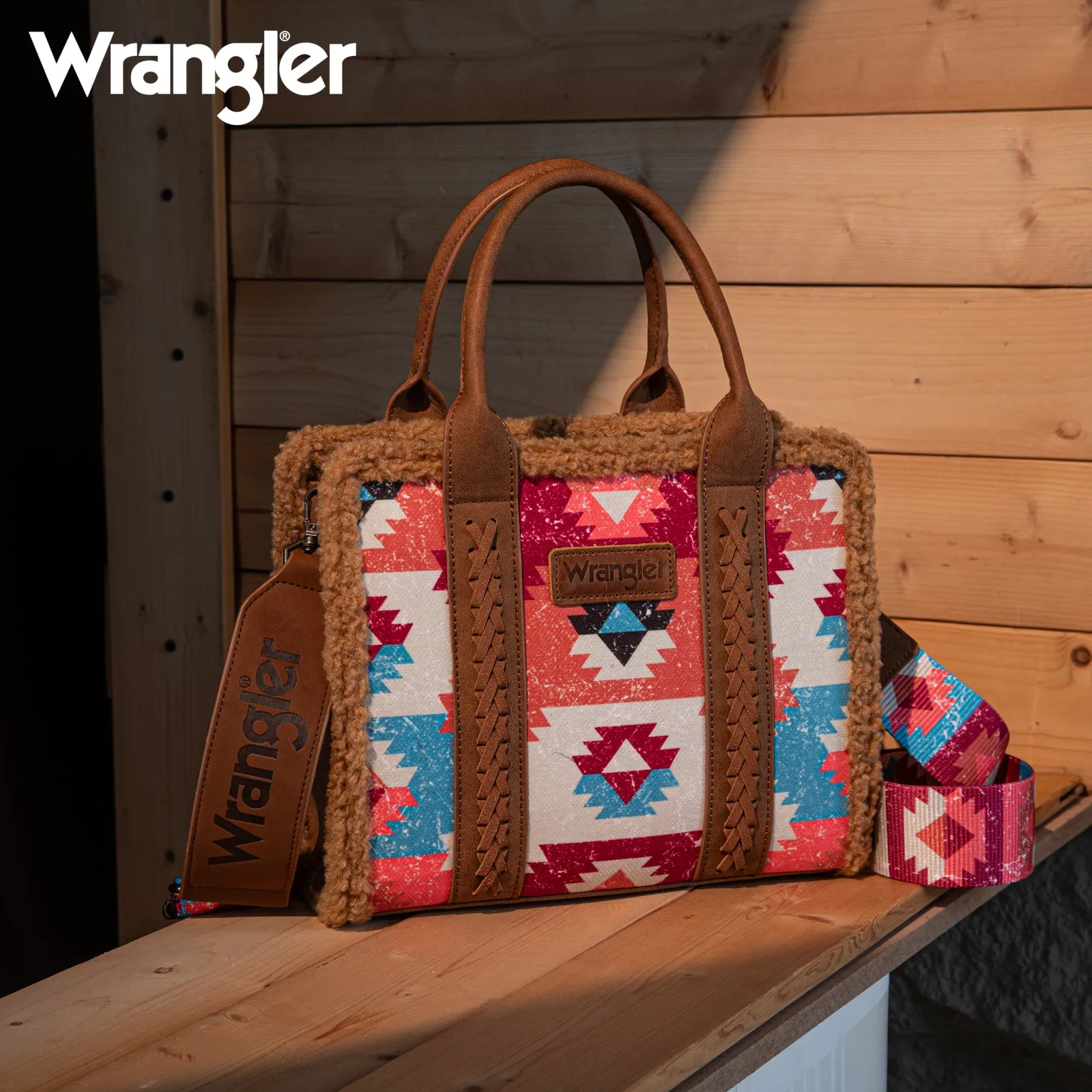 WG166-8120S  Wrangler Sherpa Southwestern Print Small Canvas Tote/Crossbody - Brown