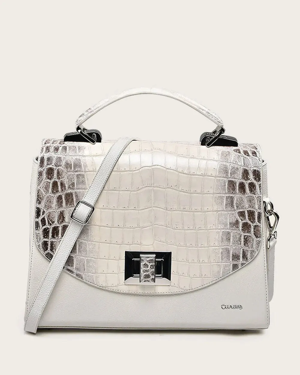 White ultra exotic flap handbag