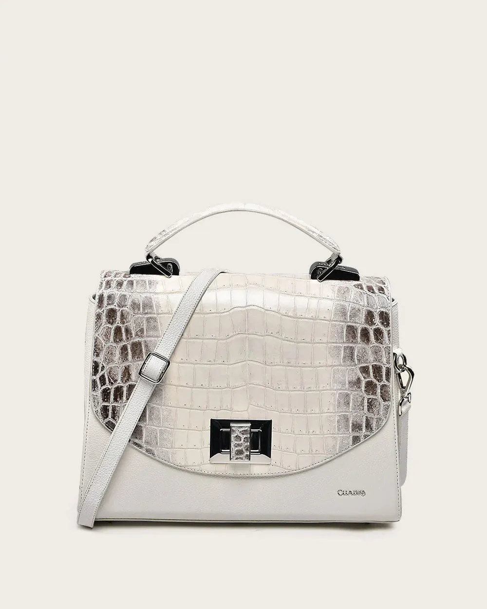 White ultra exotic flap handbag