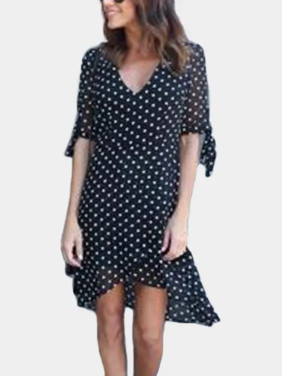 Wholesale Black V-Neck Half Sleeve Polka Dot Lace-Up Irregular Hem Mini Dress