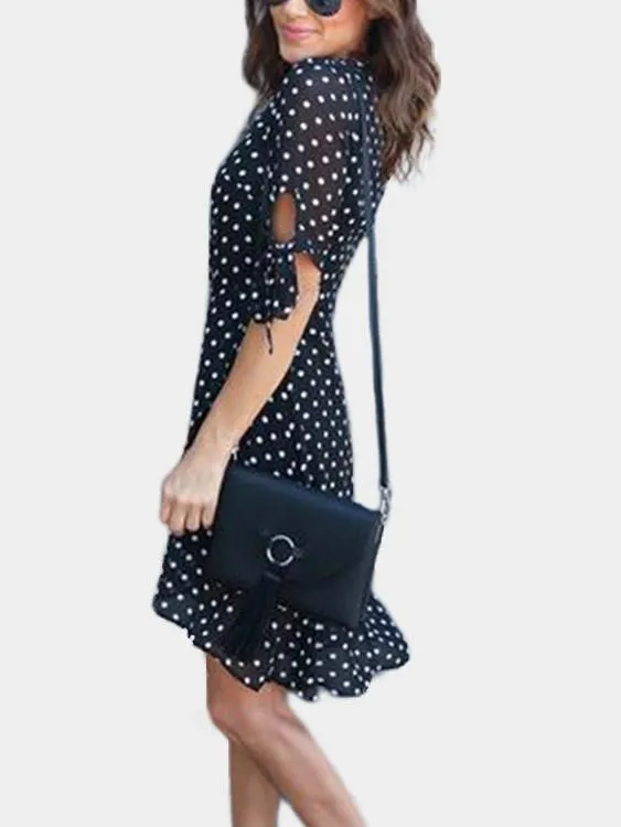 Wholesale Black V-Neck Half Sleeve Polka Dot Lace-Up Irregular Hem Mini Dress