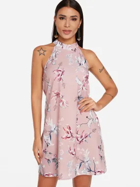 Wholesale Pink Sleeveless Floral Print Lace Zip Back Mini Dress