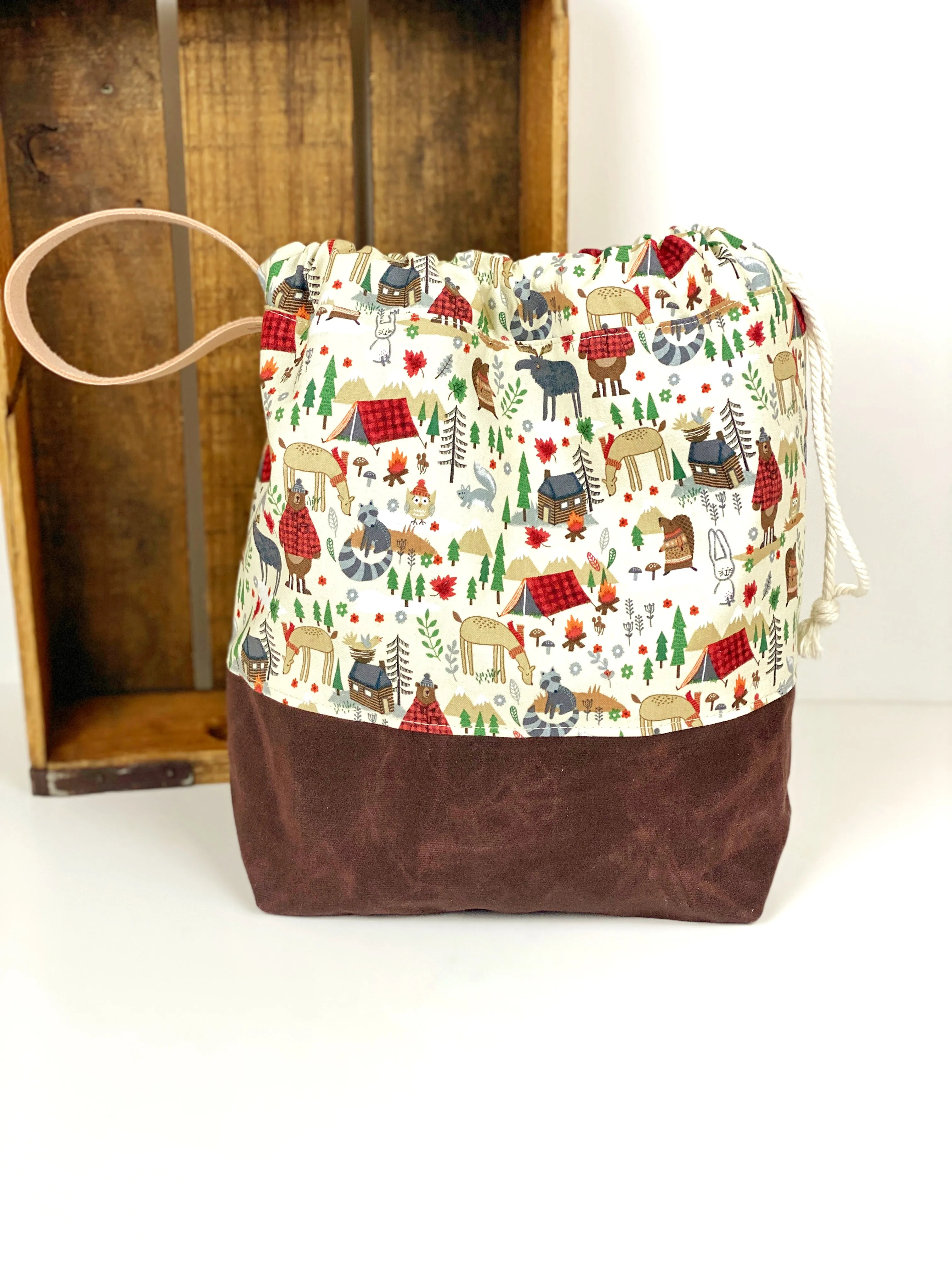 Wilderness Forest Buffalo Plaid and Brown Waxed Canvas Knit Crochet Leather Drawstring Tote Project Flat Bottom Bag