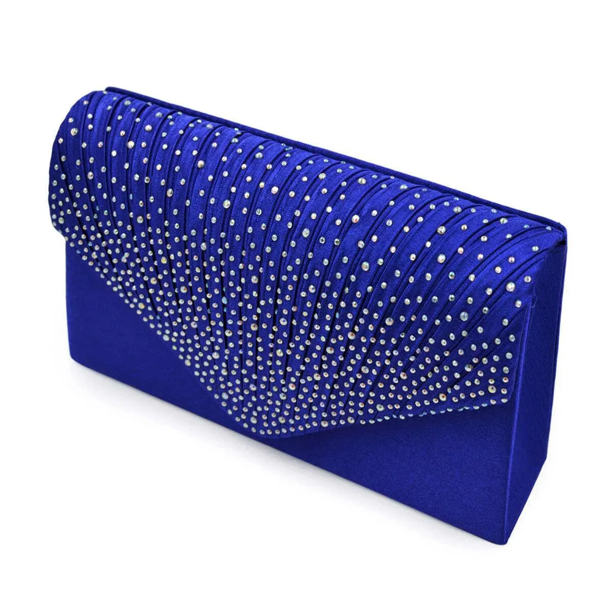 Women's Blue Clutch Bag with Ruched Design and Rhinestone Embellishments