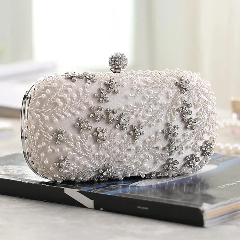 Women's Clutch Bag Crystal Pearl Clutch Purse Luxury Handbag Embroidery Evening Bag