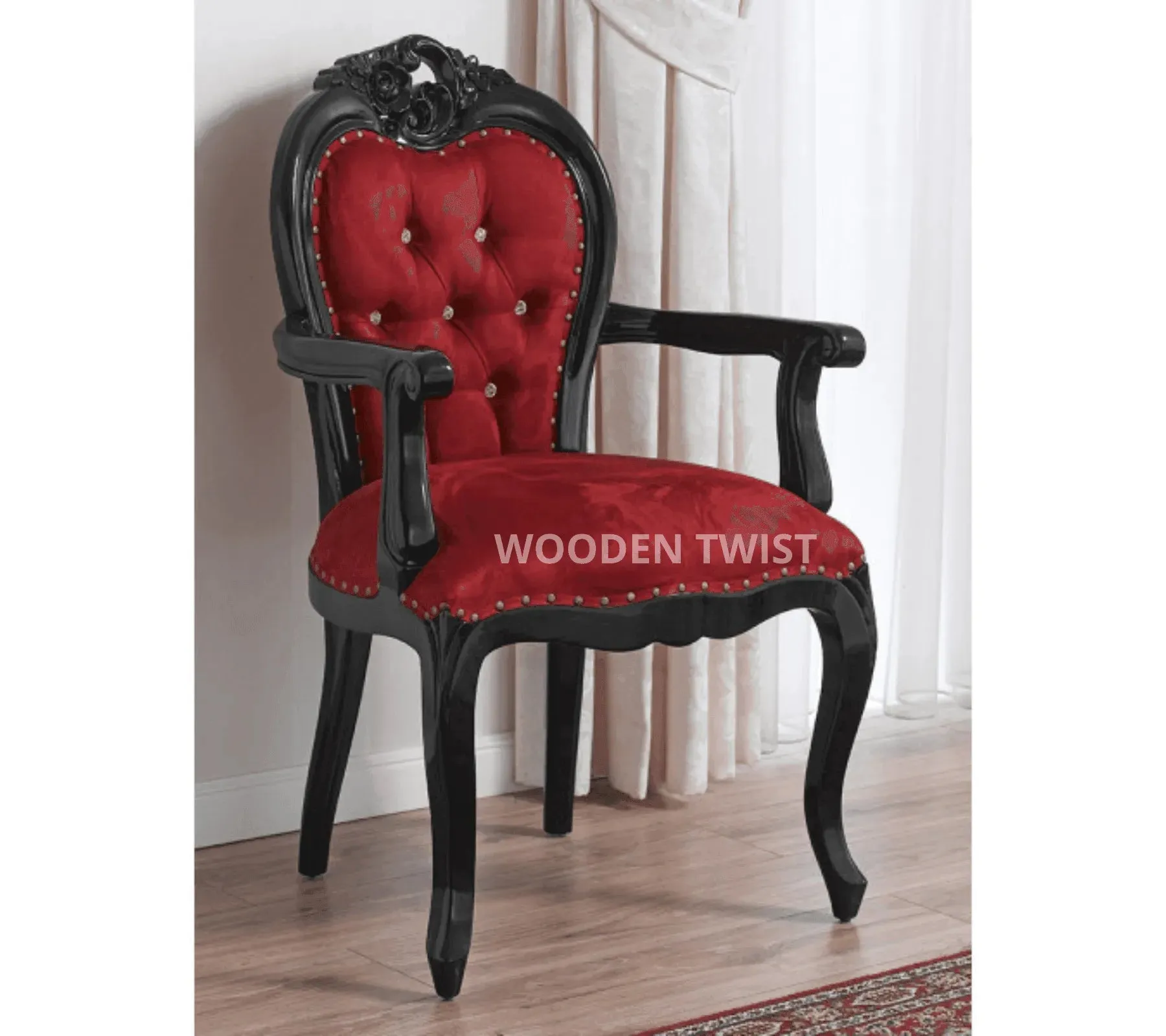 Wooden Twist Cespitose Teak Wood Arm Chair ( Black & Burgundy )