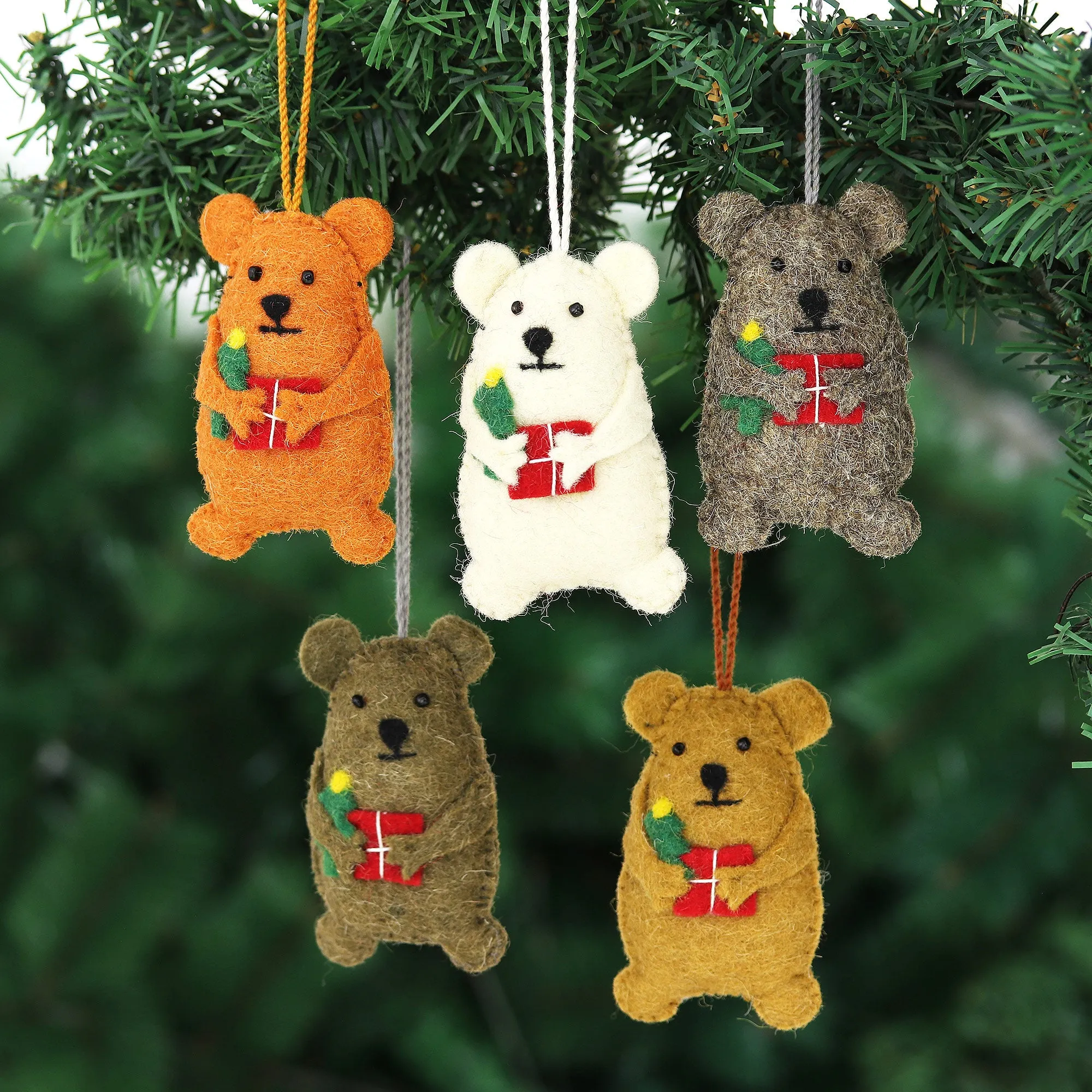 Wool Felt Bear Ornaments (Set of 5) - Bearing Gifts | NOVICA