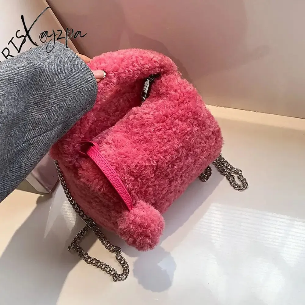 Xajzpa - Lamb Hair Autumn and Winter Cute Wool Chain Shoulder New Versatile Plush Oblique Straddle Bag