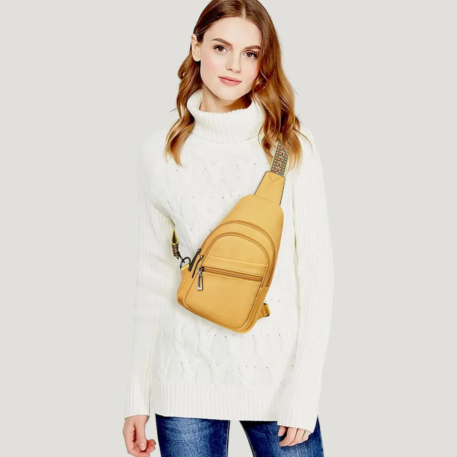 Yellow Leather Front Zipper Crossbody Travel Sling Bag